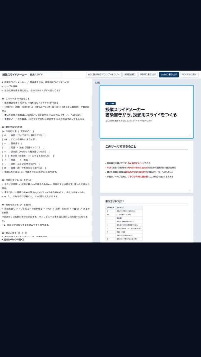 箇条書きを書くだけで、授業スライドになります。 手書きのノートや教科書のページからでも作れます。プロンプトをコピーして、ChatGPTやGemini、Claudeに写真ごと貼るだけ。返ってきた原稿を左の欄に貼り付ければ、そのままスライドです